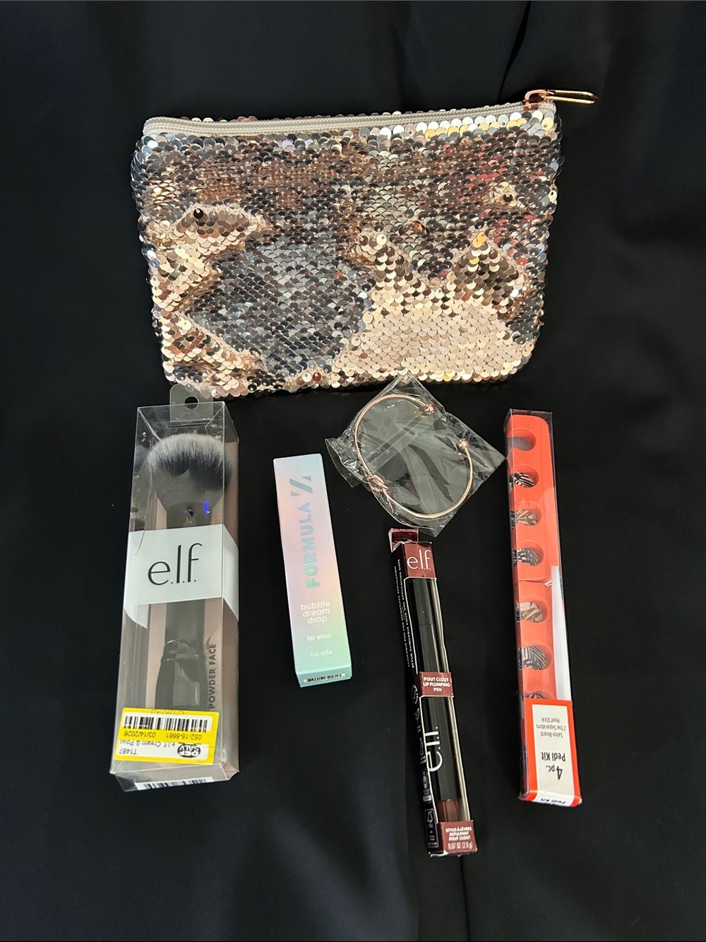 Sequin Cosmetic Pouch, cuff bracelet, Makeup and more